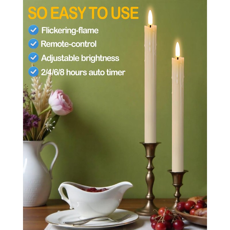 Gmnee 9.6" Rechargeable Flameless Taper Candles with Remote, Timer, Dimmer,