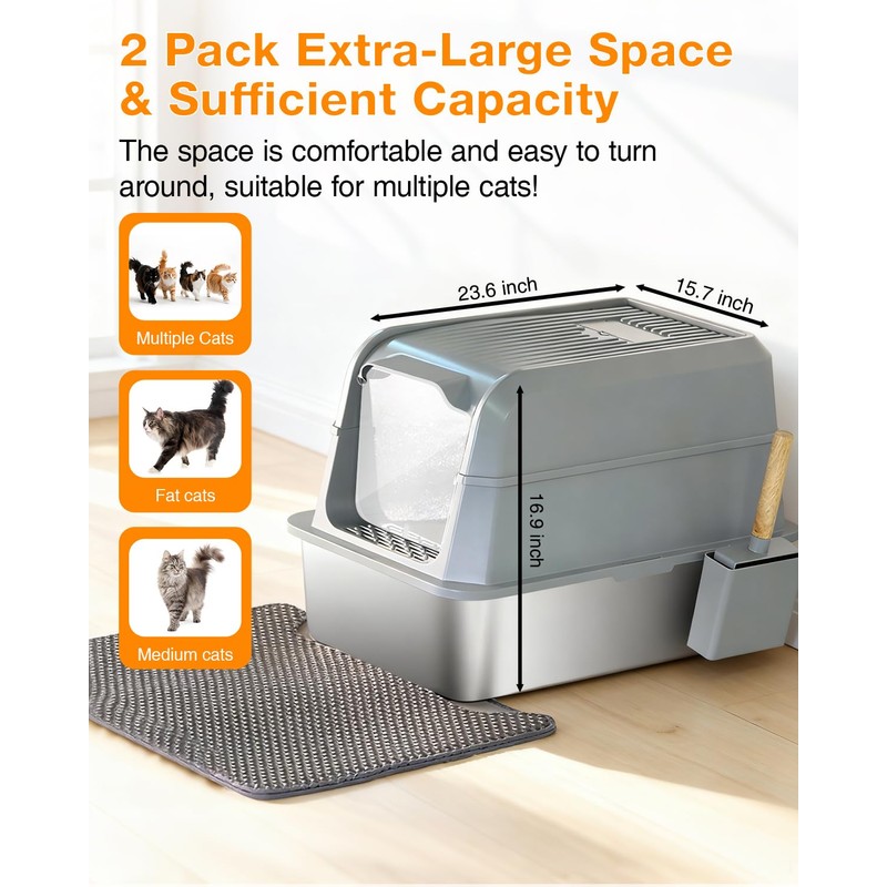PETUX 2-Pack XL Stainless Steel Litter Box with Lid for
