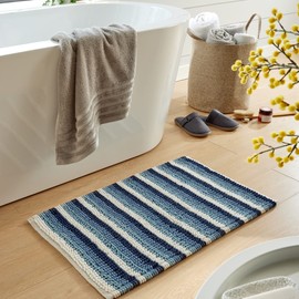 Olivia Rocco Padstow Stripe Bathmat Comfort To Your Bathroom Super Soft Absorbent Bath Shower Mats Washable Dry Fast Durable Classic Design, 50x80cm, Blue
