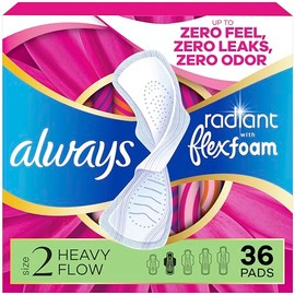 Always Radiant FlexFoam Almohadillas para mujer, talla 2, pesadas con alas, aroma ligero y limpio, 36 unidades