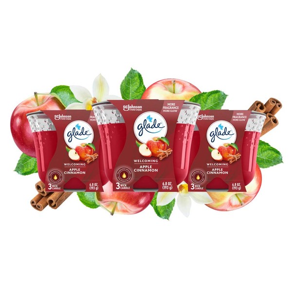 Glade Candle Apple Cinnamon, Fragrance Candle Infused with Essential Oils, Air Freshener Candle, 3-Wick Candle, 6.8 Oz, 3 Count