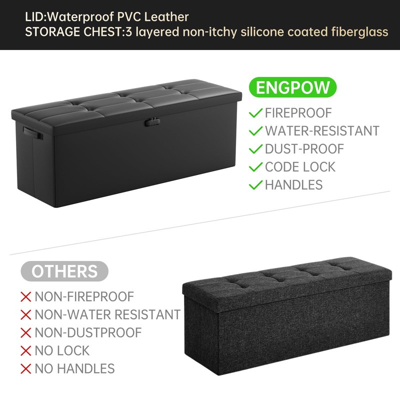 ENGPOW Storage Ottoman, Fireproof Folding Bench with Lock(15”x 43”x15”), Water-Resistant