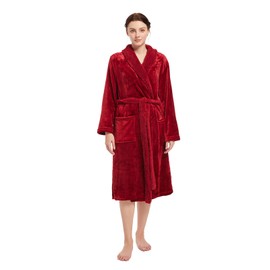 Lagtew Womens Plush Robe,Soft Warm Fleece Bathrobe For Women Shower Spa Long Robe With Pockets,BURGUNDY,L/XL