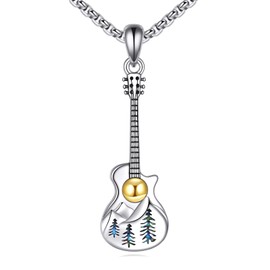 URONE Guitar Necklace 925 Sterling Silver Mountain Guitar Pendant Music Instrument Jewelry Gift For Women Men