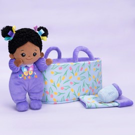 OUOZZZ Baby Soft Doll with Carrying Case and Doll Accessories Purple, 25cm African Soft Rag Doll Cuddly Doll for Children from 3 Months - Baby Gift for Birth Girls Boys