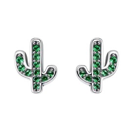 Tiny Green Studded Cactus Stud Earrings, Cubic Zirconia Crystals (Sterling Silver) Miss Fit Boutique