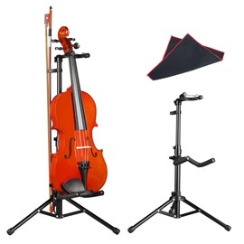 Mr.Power Universal Violin Ukulele Stand with Bow Holder, Head Locking Instrument Tripod Holder for Mini Guitar, Fiddle, Mandolin Soprano Concert Tenor Ukulele, for Home School Studio Churches Display Travel Performance
