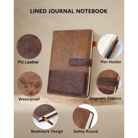 HULIPARK Leather Notebook Journal with Pen, A5 Lined Hardcover Notebook with Magnetic Closure, 240 Pages Daily Journal for Men Women, Ruled Journal Notebooks for Work, Writing, Note Taking - Brown
