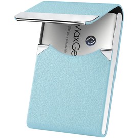 MaxGear Business Card Holder, PU Leather & Stainless Steel Business Card Case for Men or Women, Slim Name Cards Holder RFID Blocking Credit Cards Carrier with Magnetic Closure, Light Blue