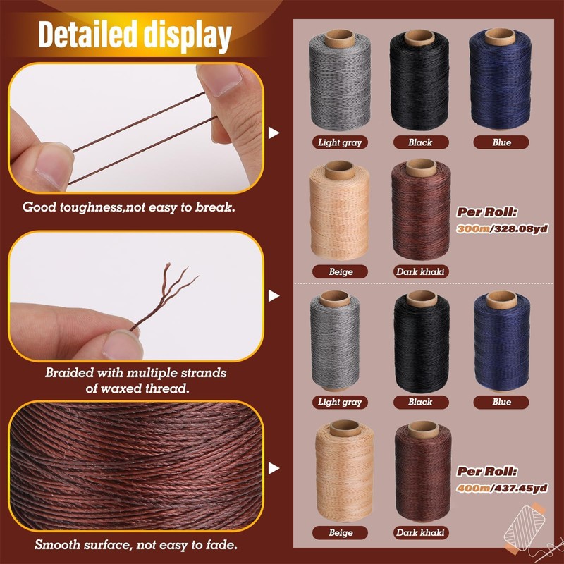 KAQRHFT Sewing Thread, Leather Upholstery 437 Yards 630D/0.55mm Round Waxed