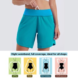 Willit Pantalones cortos de natación para mujer de 7 pulgadas UPF 50+ cintura alta con bolsillos forro, atolón, talla 10