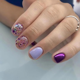Short Press on Nails Square Purple Fake Nails with Designs Extra Short False Nails Glitter Cute Gel Acrylic Nails Full Cover Glue on Nails Spring Summer Stick on Nails for Women Supply 24Pcs
