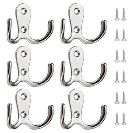 SHENGRUI 6 PCS Double Door Hooks with Screws Wall Mounted Hanging Clothes Hook Robe Hooks Metal Stainless Heavy Duty Stick Silver Coat Hooks for Door & Wall or Coat Towel Scarf Bag Key