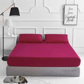 Fitted Bed Sheet With Matching FREE 1 X PILLOW CASE Plain Dyed Poly Cotton Percale Easy Care Bed Sheet Red Single