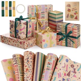 Hianjoo Papel de Regalo Papel Kraft Cumpleaños, 6 Hoja Papel Reciclable 70x50cm Envolver Regalos Papeles Craft con 1 Hoja Pegatinas de Regalo 1 Cinta de Doble Cara y 4 Cintas