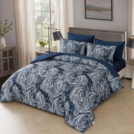 DJY Navy Paisley Comforter Set King Size 7 Piece Bed in a Bag Boho Paisley Pattern Comforter Set Soft Lightweight Microfiber Blue Reversible Bedding Set for All Season (104''x90'')