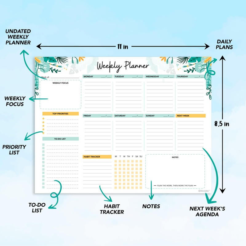 Decorably Weekly Planner Pad Landscape - 52 Easy Tear-Off Weekly