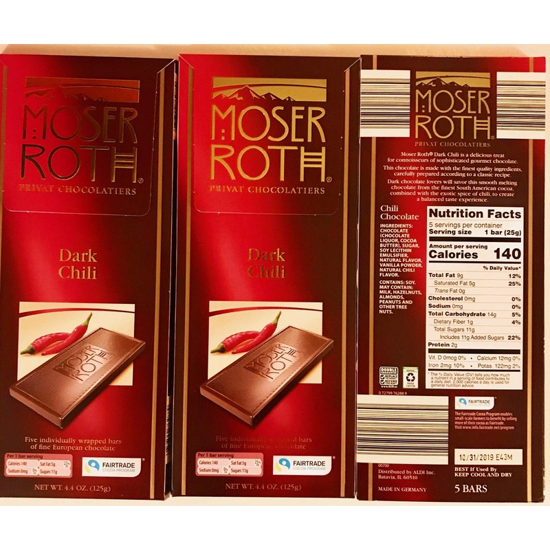 Moser Premium Fine German Chili / Dark Chocolate Bars.(3 Pack)