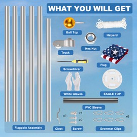 25FT Sliver Flag Pole Kit with Solar Light in Ground, 13 Gauge Extra Thick Aluminum Flagpole with 3x5 TearProof Embroidered American Flag and 126 LED Light