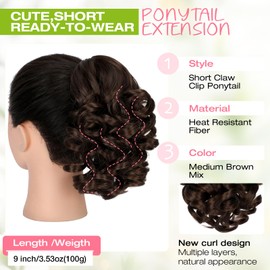 Fanguilar Ponytail Extension, 9" Short Claw Clip Ponytail Extension Curly Wavy Jaw Clip on Pony Tails Hair Extension Synthetic Hairpiece for Women, Medium Brown Mix