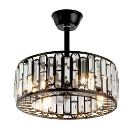17.7" Modern Caged Ceiling Fan with Light and Remote, Crystal Chandelier Ceiling Fan 3 Speeds Industrial Bladeless Fandelier for Bedroom, Living Room, Dining Room, Black