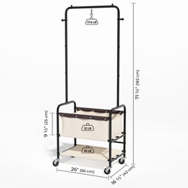 StorageWorks Laundry Cart with Hanging Rack, Rolling Laundry Cart with Wheels, Clothes Sorter Storage Basket and Shelf, Beige