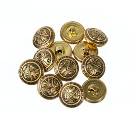 Mibo Buttons & Accessories - 12 botones de vástago de metal, 24 L (15 mm) con diseño de escudo heráldico de estilo militar, oro antiguo