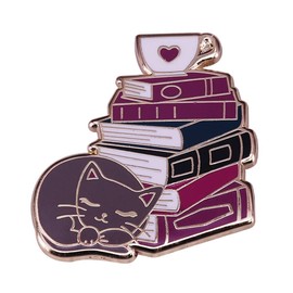 KAWADU Cat Book Coffee Lovers Bookworm Literature Brooch Pins Enamel Cartoon Metal Badges Lapel Pin Brooches Jackets Jeans Fashion Jewelry Gift for Kids