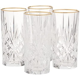 Lorren Home Trends Siena Collection Crystal Water Beverage or Ice Tea Glass with Gold Band Design, Set of 4,12 ounces