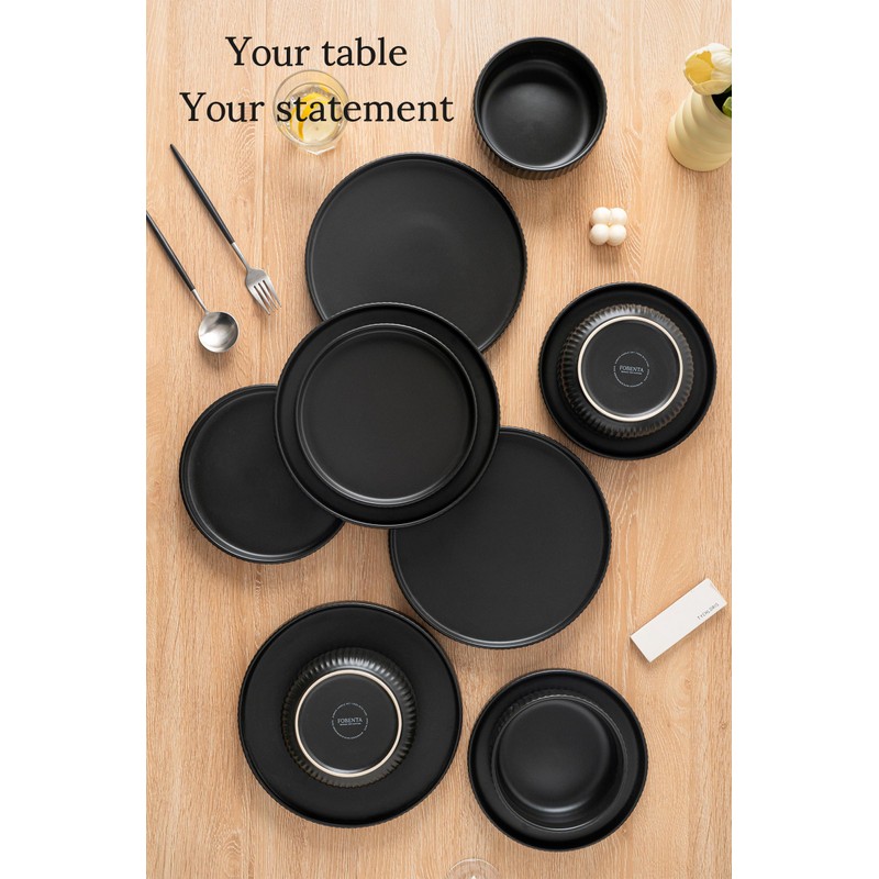 FOBENTA Modern Plates and Bowls Set for 6,18 Piece Black
