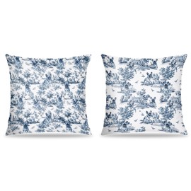 FITIE Blue and White Chinoiserie French Bulldog Pillow Covers 18x18 Set of 2, French Bulldog Lovers Gifts, Toile de Jouy Botanical Dog Decorative Pillow Covers for Home Living Room Bedroom
