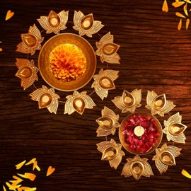 Kalakriti Metal Urli Bowl - Large Decorative Handi Craft - Ideal for Home Decor - Lotus Design (Set of 2, 12 inch Diameter Each)