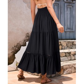 Genfien Women Skirts Elastic High Waist Maxi Skirts for Women 2 in 1 Vintage Maxi Skirt Summer Long Dresses Elegant A-Line Beach Skirt Black