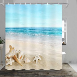 JAWO - Cortina de ducha de playa, cortinas de ducha azules para baño, olas tropicales del océano, conchas, escenario de estrellas de mar, cortina de ducha para decoración de baño, 60 x 72 pulgadas