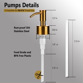 Amoliar Mason Jar Liquid Soap Dispenser Lid, Stainless Steel Replacement Pump, Cute Farmhouse Decor for Dish Soap, Lotion, Hand Soap, Refillable Soap Pump, Golden 2 Pack, Waterproof Label, 2 Long Tube