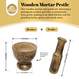Pentagram Design Wooden Mortar & Pestle Set - Herb Grinder, Pill Crusher, Molcajete 4 inch High by 4" inch wide top, base 2.5" inch Dual Side Pentacle Design Handcarved by New Age Imports, Inc.