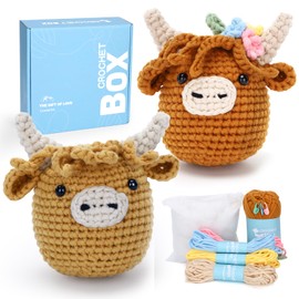 CROCHET BOX Crochet Kit for Beginners: 2 PCS Highland Cow Crochet Kit, Learn to Crochet, Include Easy Knitting Soft Yarn, Step-by-Step Video Tutorial, Hook,Starter Crochet Kit Gifts for Adults, Teens