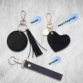 Everwish Creations Leather Keychain Black Trio – Tassel, Wristlet, Heart-Shaped Keyrings for Women | Stylish Saffiano Leather Keychains for Keys and Bags | Lightweight and Durable Keychain Set