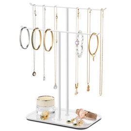 pickpiff Necklace Holder Jewelry Organizer Stand – 2‑Tier T‑Bar Jewelry Display Tree with Tray for Countertop Necklace Bracelet Earring Storage, Vanity Dresser Bathroom Sink, White