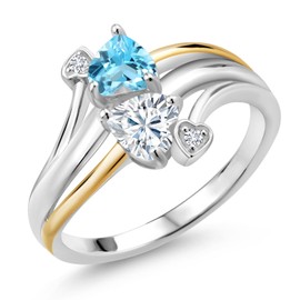 Gem Stone King 925 Silver and 10K Yellow Gold 2 Heart Promise Couple Engagement Mother Lab Grown Diamond Ring Topaz Moissanite Near Colorless (GH) (1.07 Cttw) (Size 5)