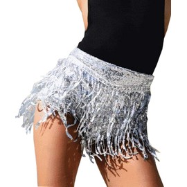 Yollmart Women's Sequins Tassel Skirts Shorts Booty Dance Festival Bottoms (US, Alpha, Large, Regular, Regular, Silver)
