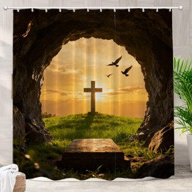 Batmerry Stone Sunrise Christian Decorative Shower Curtain, Devotional is Risen Christian Easter Shower Curtain Cute Long Wide Shower Curtain for Bathroom Farmhouse Bathtub Waterproof Washable