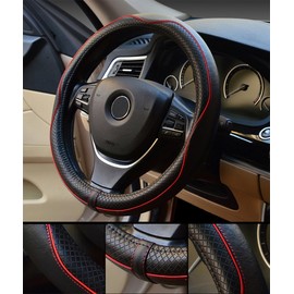 Yunanwa Universal 15 Inch Car Steering Wheel Cover Protector Genuine Leather Heavy Duty Durable Sporty Wave Pattern (Black+Red)