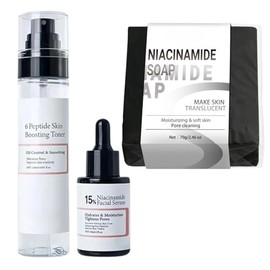Niacinamide 15% Peptide Booster Set - Korean Skin Care Set - Niacinamide Serum, 6 Peptide skin booster Toner, Niacinamide Pore cleaning Soap, Skincare Gift Sets for Women, Anti-Aging