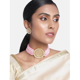 Aheli Pearl Diamond Choker Necklace with Round Earrings for Women Girls Indian Traditional Bollywood Fashion Jewelry Set (Pink-White)