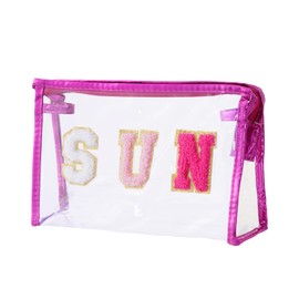 Rthjsfj Clear Preppy Patch Cosmetic Bag, Sun Chenille Letter Bag for Beach, Clear Travel Pouch with Zipper, Small Toiletry Bag for Women Girls Teens Gift (Rose Red)