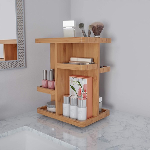 Lavish Home Makeup Organizer – Rotating Eco-Friendly Compact Modern Bamboo Skincare Cosmetic and Vanity Carousel for Bedroom, Bathroom, or Dorm