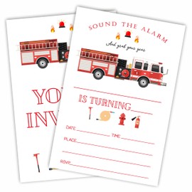 Firetruck Birthday Invitation, Sound The Alarm! Firefighter Truck Birthday Invite Cards With Envelopes, Double-Sided Fill In Style Invites For Boys & Girls, Party Favor & Decorations(20 Pcs) - C02