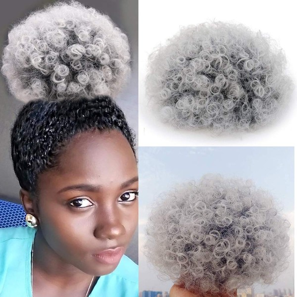 KGBFASS Afro Kinky Curly Ponytail African American Short Curly Puff Drawstring Ponytail Synthetic Puff Ponytail Warp Updo Hairpiece with 2 Clips(1B/Gray#)