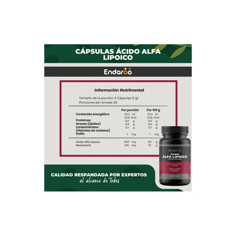 Ácido Alfa Lipoico Resveratrol Endaroo Calidad Premium